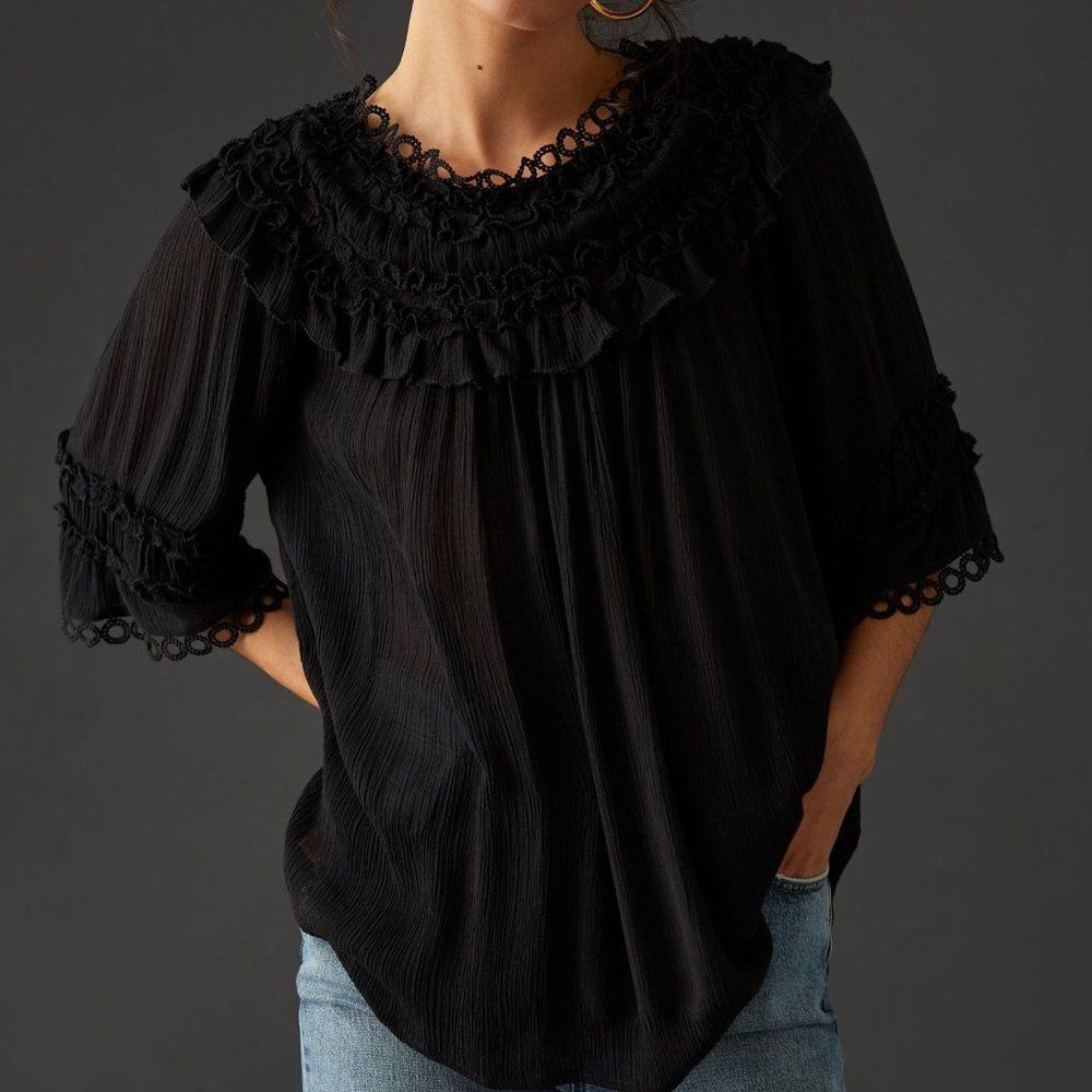 Anthropologie Black Ruffle Lace Trim Flowy Blouse Half Sleeve Small